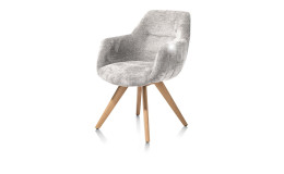 Armlehnstuhl Liva mit Bezug aus Chenille-Stoff in Kiesel und Gestell aus massivem Eichenholz natur