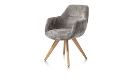 Armlehnstuhl Liva mit Bezug aus Chenille-Stoff in Grau und Gestell aus massivem Eichenholz natur