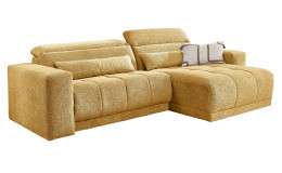 Wohnlandschaft Leona in Beige mit Ottomane rechts, mit Microfaserstoff und verstellbarem Kopfteil vor weißem Hintergrund.