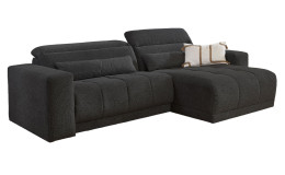 Wohnlandschaft Leona in Schwarz mit Ottomane rechts, mit Microfaserstoff und verstellbarem Kopfteil vor weißem Hintergrund.