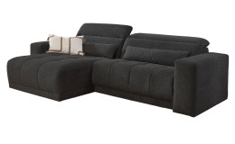 Wohnlandschaft Leona in Schwarz, langlebiger Microfaserbezug, mit Ottomane links freigestellt vor weißem Hintergrund.