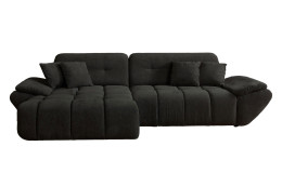 Wohnlandschaft Poppy in Schwarz mit Ottomane links, pflegeleichter Microfaserbezug und moderner Steppung freigestellt vor weißem Hintergrund.