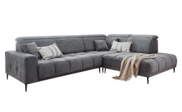 Wohnlandschaft Luan in Grau in Cord-Optik, Anbauecke rechts und feiner Steppung freigestellt auf weißem Grund.
