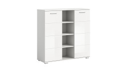 Kommode Pescara in der Farbe Weiß, mit 2 Türen und 4 offenen Fächern in der Mitte