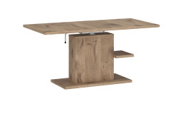 Couchtisch Cervon in Viking-Eiche-Dekor mit einem Säulenfuß und einer weiteren Ablagemöglichkeit unterhalb der Tischplatte schräg aufgestellt.