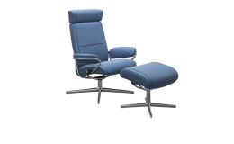 Relaxsessel mit Hocker Stressless Paris M Cross mit Bezug in Batik Echtleder Lazuli Blue und Gestell aus Aluminium