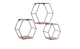 Wandregal 3er-Set in Schwarz Metall mit Ablageböden aus Holz. Schräge Seitenansicht