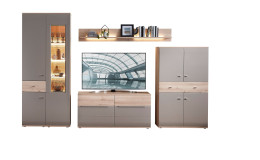 Wohnwand vito Samba in der Ausführung Naturbuche Dekor mit einer Frontabsetzung in Grau matt, Frontalansicht