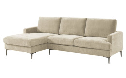 Wohnlandschaft Maddie: Hellbeiges Polyester, Chaiselongue links, 3 Kissen, schlanke schwarze Metallbeine.