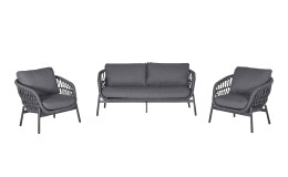 Lounge-Set Cliff mit dunkelgrauem Rope, anthrazitfarbigen Auflagen, Gestell aus Aluminium in Anthrazit und Tischplatte aus Sinterstein