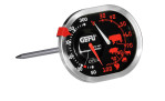 Das GEFU Ofenthermometer Messimo in Silber/Schwarz ist mit Tiersymbolen versehen, die verschiedene Garzustände von Fleisch anzeigen.