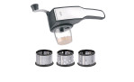 Eine GEFU Trommelreibe Pecorino 4-tlg. mit einem Kunststofftopf und 3 Edelstahltrommeln darunter.
