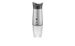 Die GEFU Salz- oder Pfeffermühle Velo ist eine elektrische Kaffeemühle aus Edelstahl mit schwarzem Deckel und transparentem Boden.