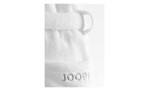 Nahaufnahme des JOOP! Damenbademantel Gr. 44/46, weiß mit Gürtel und grauem gesticktem Joop-Logo auf der Tasche.