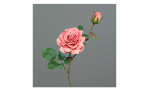 Rosenpick 27 cm aus Kunststoff mit grünen Stiel und Blätter und rosa Blüten. Auf einem grauen Hintergrund.