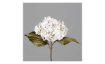 Hortensie 45 cm  aus Kunststoff mit grünen Stiel und Blätter und weißen Blüten. Auf einem grauen Hintergrund.