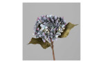 Hortensie 45 cm aus Kunststoff mit grünen Stiel und Blätter und blauen Blüten. Auf einem grauen Hintergrund.