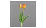 Tulpenbund 38 cm aus Kunststoff und Polyurethan mit orange / roten Blüten und grünen Stiel und Blätter. Auf einem grauen Hintergrund.