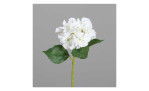 Hortensien 32 cm aus Kunststoff mit weißen Blüten und grünen Stiel und Blätter. Auf einem grauen Hintergrund.