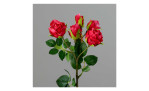 Mini-Rosenzweig 37 cm aus Kunststoff mit roten Blüten und grünen Stiel und Blätter. Auf einem grauen Hintergrund.