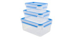 Drei Emsa Frischhaltedosen-Set Clip & Close 3tlg. Behälter mit blauen Deckeln, gestapelt auf weißem Hintergrund.
