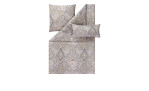 Estella Mako-Satin Fernanda Bettwäsche-Set, 155x220 cm, grau/beige, mit zwei Kissenbezügen und Bettdecke auf weißem Hintergrund.