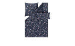 Mako-Satin-Bettwäsche Linda 155x220 cm: marineblaues Blumenset mit Bettdeckenbezug & 2 Kissenbezügen auf weiß.