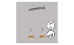 Die Fischer-Honsel LED-Pendelleuchte Shine-Wood 65 cm hat silberfarbenes Metall, holzfarbene Akzente und dimmbare Leuchten.
