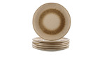 Sechs beigefarbene Teller von Leonardo Teller Matera, 22,5 cm, mit braunem Muster, gestapelt, mit einem Ständer dahinter.