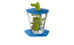 Leonardo Kinder-Trinkset Bambini 3 tlg: Glas mit Cartoon-Krokodil, blauem Silikondeckel und mehrfarbigem Untersetzer.