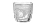 Leonardo Tischlicht Salerno 7 cm, klares Glas mit abstrakten weißen Wirbeln, dargestellt auf einem schlichten weißen Hintergrund.