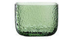Ein grüner, quadratischer Glasbecher von Leonardo, Vase Martello 13 cm, mit Maßen und einer gewellten, strukturierten Oberfläche.