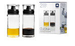 Zwei transparente Leonardo Essig-/Öl-Set Cucina Spender neben ihrer Verpackung mit Produktbildern und -details.