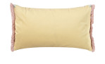 Rückseite der Kissenhülle Fayence 30x50 cm aus gelbem Samt mit pinken Fransen auf weißem Hintergrund.