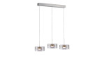 Drei Mondo MONDO Karena 74 cm LED-Pendelleuchten mit Metall und Glas hängen an einer rechteckigen Deckenhalterung.