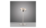 Die Paul Neuhaus LED-Tischleuchte Q-Rotate hat einen kreisrunden, geneigten Schirm und einen flachen Sockel, in silberfarben.