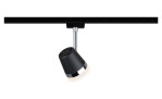 Die Spot URail 18 cm ist eine schwarz-silberne Stromschienenleuchte mit einem verstellbaren Strahler auf einer schwarzen Schiene.