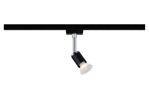 Die Spot URail 15 cm ist eine schwarz-silberne verstellbare Stromschiene mit einer Glühbirne, Kunststoff & Metall, auf weißem Hintergrund.