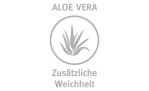 Graues Aloe-Vera-Pflanzen-Symbol in einem Kreis, "Paradies Nima Bio 135x200" und "Zusätzliche Weichheit" auf weißem Hintergrund.