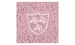 Ross Waschhandschuh Vita 16 x 21 cm aus rosa Baumwolle mit einem gestickten Schild und drei geschwungenen Formen im Inneren.