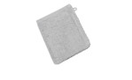 Der Ross Waschhandschuh Vita 16 x 21 cm ist ein silberfarbener Baumwollhandschuh mit strukturierter Oberfläche und Aufhängeschlaufe.