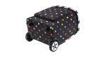 Der Reisenthel Einkaufstrolley Carrycruiser Plus ist ein schwarzer Rollkoffer mit Polka Dots und kugelgelagerten Rädern.