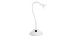 Die LED-Tischleuchte Viper von Reality in Weiß mit flexiblem Hals und Leuchtmittel vor weißem Hintergrund.