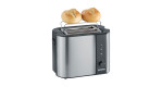 Severin SEVERIN Toaster aus silbernem Edelstahl mit zwei Brötchen auf einem Metallgestell über den Schlitzen.