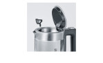 Eine Nahaufnahme des Severin SEVERIN Mini-Glaswasserkochers 500 ml mit geöffnetem Deckel und abnehmbarem Ausgussfilter.