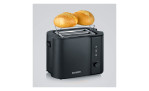 Der Severin SEVERIN Toaster in schwarz matt mit Edelstahl-Akzenten röstet zwei Brötchen auf seinem Rost, auf grauem Hintergrund.