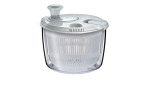 Die Küchenprofi Salatschleuder Mini 2,5 l ist eine transparente Salatschleuder mit einem weißen Deckel, Griff und Korb.