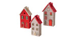Drei dekorative Boltze Haus Casata 18,5 cm Ornamente in Rot und Beige mit festlichen Weihnachtsmotiven.