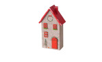 Boltze Haus Casata 24,2 cm: kleines Holzhaus mit rotem Dach, roter Tür und weihnachtlicher Fassadengestaltung.