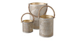 Drei Boltze Windlicht Manala 30 cm Laternen in Gold und Silber mit floralen Motiven und Seilgriffen auf weißem Hintergrund.